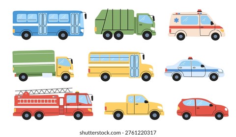 Transport car set. Flat cartoon police car, ambulance, fire truck, garbage truck, bus and pickup isolated on white background. Handdrawn  collection of urban vehicles for children.