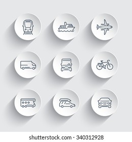 Transport, car, van, minivan, bus, train, airplane line icons on 3d shapes, vector illustration