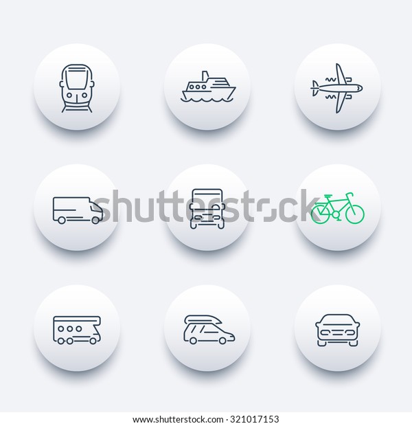 Transport, car, van, minivan, bus,\
train, airplane line round icons pack, vector\
illustration