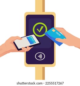 Transport card cashless wireless NFC payment technology, flat cartoon vector illustration isolated on white background. Hands using NFC payment in transport.