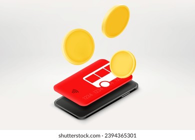 Transport card with smartphone and coins. Pay for transport concept. 3d vector illustration