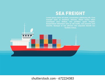 Transport cargo sea ship with containers. Sea transportation logistic, sea freight. Space for text. Vector