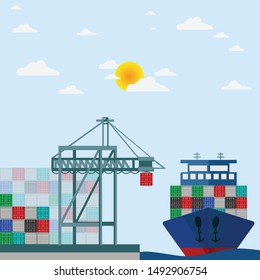 Transport cargo sea ship loading containers by harbor crane in shipping port vector illustration.