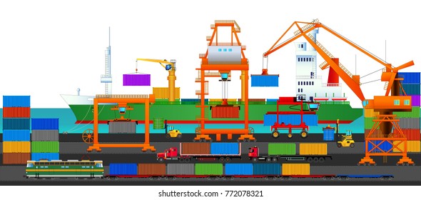 Transport cargo sea ship loading containers by harbor crane in shipping port. Vector illustration