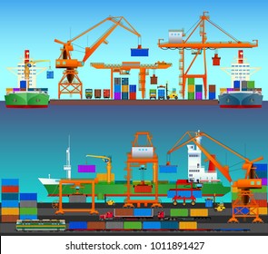 Transport cargo sea ships loading containers by harbor crane in shipping port. Vector isolated illustration 