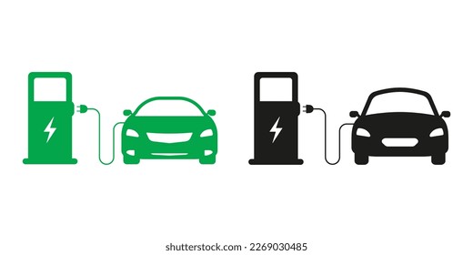 Transport Charger Silhouette Icon Set. Electric Car Recharge Black and Green Sign. Eco Electro Energy for EV. Charge Station Glyph Pictogram. Electric Car Charger. Isolated Vector Illustration.