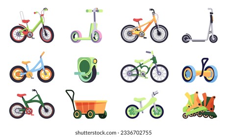 Transport for children. Cartoon kids and teen bicycle scooter, colorful toddlers skate, three wheels bike, rollers. Vector isolated set. Healthy equipment for sport and recreation, vehicles
