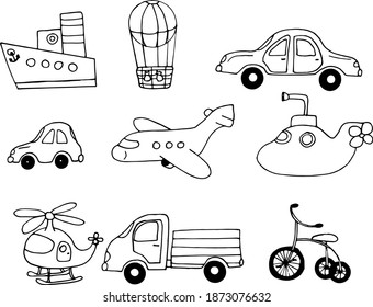 transport in children doodle style. set icon, sticker. sketch hand drawn. vector minimalism monochrome. airplane, helicopter, machine, truck, submarine, balloon, ship, tricycle.