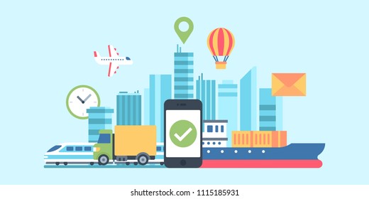 Transport in city poster with movement of airplane train monster truck vector illustration