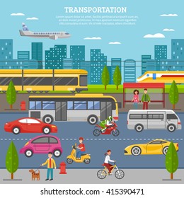 Transport in city poster with people and movement of airplane train tram bus individual vehicles vector illustration