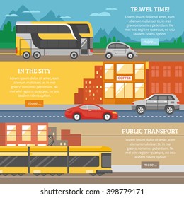 Transport for city and travel banners with tram cars building highway roads mountain landscape isolated vector illustration