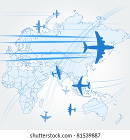 Senderos de transporte y aviones civiles sobre el mapa del mundo