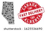 Transport collage Alberta Province map and corroded stamp seal with FAST DELIVERY badge. Alberta Province map collage composed with gray scattered deliver items.