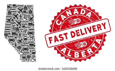 Transport collage Alberta Province map and corroded stamp seal with FAST DELIVERY badge. Alberta Province map collage composed with gray scattered deliver items.