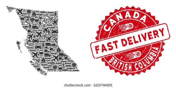 Transport collage British Columbia Province map and corroded stamp seal with FAST DELIVERY words. British Columbia Province map collage designed with grey scattered deliver symbols.