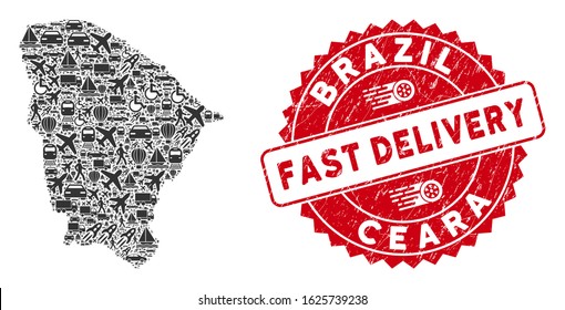 Transport collage Ceara state map and corroded stamp seal with FAST DELIVERY words. Ceara state map collage designed with grey random transportation elements.
