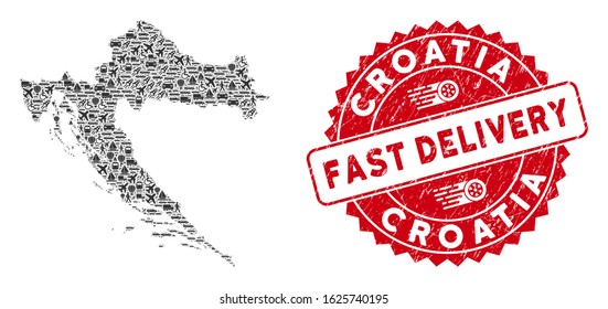 Transport collage Croatia map and corroded stamp seal with FAST DELIVERY caption. Croatia map collage formed with gray scattered truck icons. Red round FAST DELIVERY seal with dirty texture.