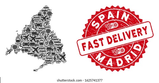 Transport collage Madrid Province map and grunge stamp seal with FAST DELIVERY message. Madrid Province map collage constructed with grey scattered shipping symbols.