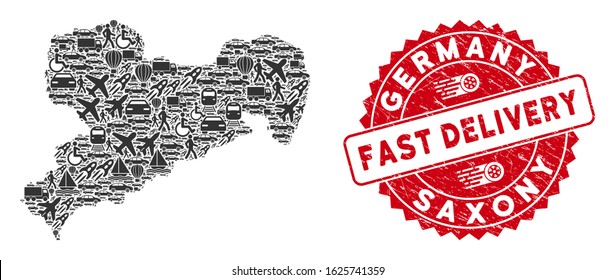 Transport collage Saxony Land map and rubber stamp watermark with FAST DELIVERY message. Saxony Land map collage composed with grey randomized delivery elements.