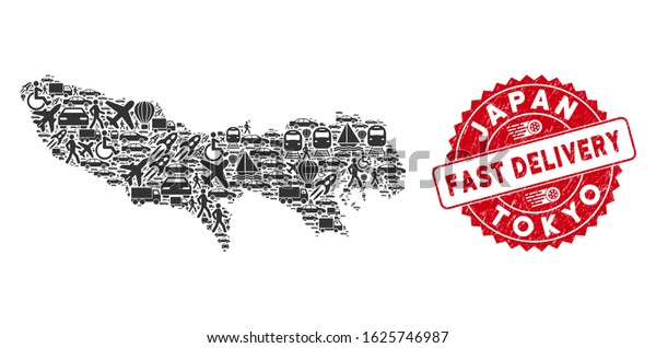 Transport collage Tokyo
Prefecture map and grunge stamp seal with FAST DELIVERY badge.
Tokyo Prefecture map collage formed with gray random delivery
elements.