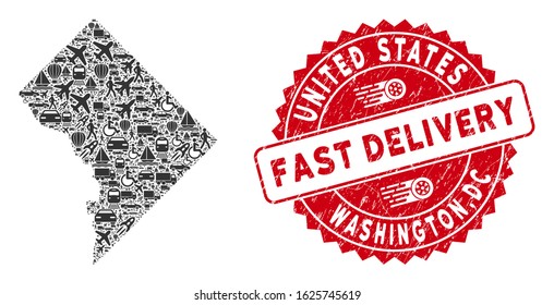 Transport collage Washington DC map and distressed stamp seal with FAST DELIVERY badge. Washington DC map collage designed with gray scattered logistics symbols.