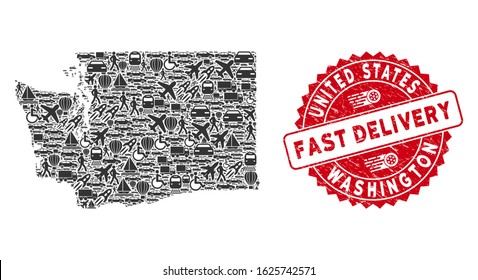 Transport collage Washington State map and grunge stamp seal with FAST DELIVERY caption. Washington State map collage designed with grey scattered truck icons.