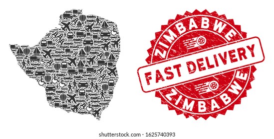 Transport collage Zimbabwe map and corroded stamp watermark with FAST DELIVERY caption. Zimbabwe map collage composed with grey randomized deliver items.