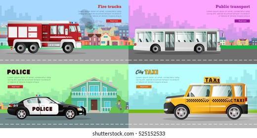 Transport. Collection of four auto pictures. Urban public transport in city. White long passengers bus. Red fire truck on six wheels. Police car near bank. Taxi on road. Simple cartoon design. Vector