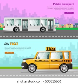 Transport. Collection of two different automobile icons. White passenger bus with two automatic doors. Fast four-wheeled mean of transportation. Taxi on road in city. Cartoon design. Vector