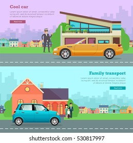Transport. Collection of two icons with different means of transportation. Picture of isolated cool cabriolet on road near man and house. Cheap family small car near house with relatives. Vector