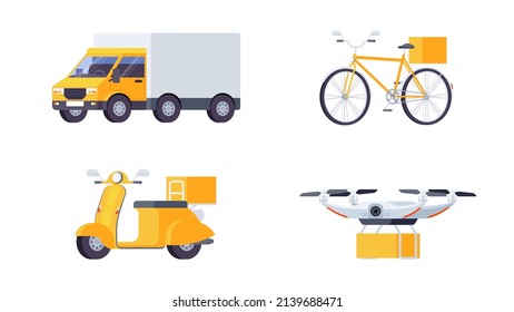 Recogida de transporte: van, moped, bici. Automóvil, bicicleta, ciclomotor, dron. Conjunto de ilustración de vector plano de transporte. 