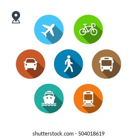 Transport color icons. Walk man, Bike, Airplane, Public bus, Train, Ship/Ferry and auto signs. Shipping delivery symbol. Air mail delivery sign. Flat shadow. Vector