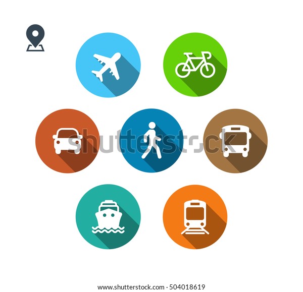Transport color icons.\
Walk man, Bike, Airplane, Public bus, Train, Ship/Ferry and auto\
signs. Shipping delivery symbol. Air mail delivery sign. Flat\
shadow. Vector