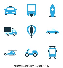 Transport Colorful Icons Set. Collection Of Scooter, Missile, Monorail And Other Elements. Also Includes Symbols Such As Cab, Helicopter, Rocket.
