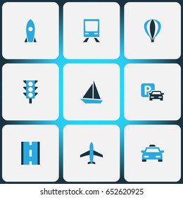 Transport Colorful Icons Set. Collection Of Plane, Aerostat, Missile And Other Elements. Also Includes Symbols Such As Parking, Cab, Sailboat.