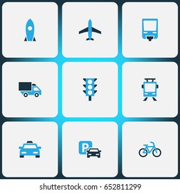 Transport Colorful Icons Set. Collection Of Bicycle, Trolley, Parking And Other Elements. Also Includes Symbols Such As Jet, Transport, Tram.