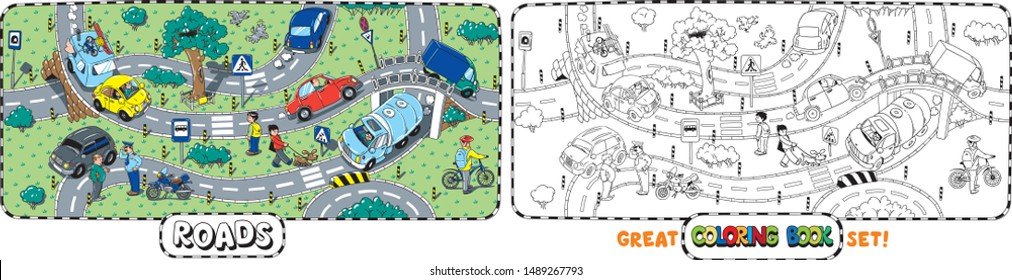 Transport coloring book of roads with cars
