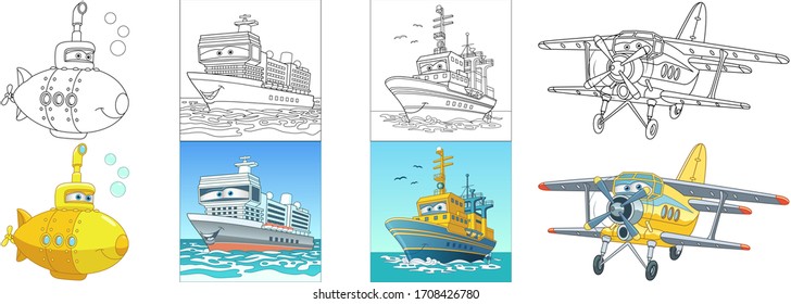 Transport coloring pages. Cartoon clipart set for kids activity colouring book, t shirt print, icon, logo, label, patch or sticker. Vector illustration.