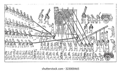 Transport of a colossus, vintage engraved illustration.
