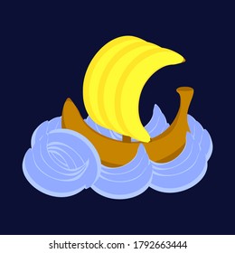 Transport colourful vector isolated fruit ship. Boat on Wawes.