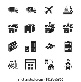 Transport company flat glyph icon set. Vector illustration moving company. Transportation of cargo. Worldwide delivery.