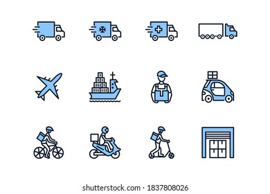 Transport company flat line icon set blue color. Vector illustration food and delivery service. Transportation of cargo. Worldwide delivery. Editable strokes.