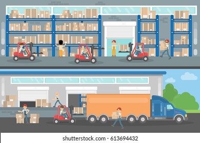 Transport company interior. Warehouse or factory workers and equipment.