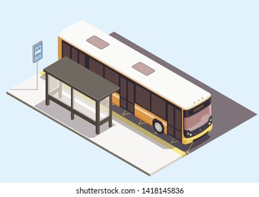 Transport composition with bus near stop on blue background 3d vector illustration