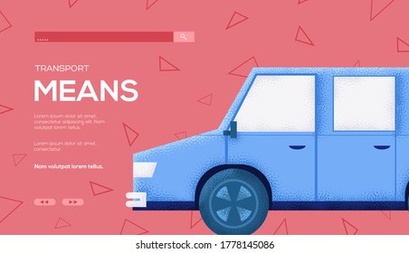 Volante de concepto de transporte, banner web, encabezado ui, entrar al sitio. Textura del grano y efecto de ruido. Lugar para texto, lugar para copiar. Página de sitio del deslizador de ilustración moderna. Imagen de diseño del vector.