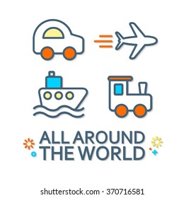 Transport Concept. Train, Plane, Ship & Car. Vector illustration