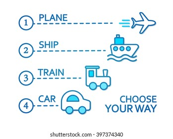 Transport Concept. Train, Plane, Ship & Car. Vector illustration