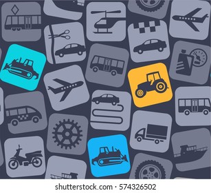 Transport and construction equipment, gray-blue background, seamless, color. Yellow, blue and green, flat icons of tractors and bulldozer on a gray background.Vector background.Construction equipment.