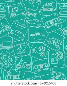 Transport and construction equipment, green background, seamless, contour drawing. Vector background. Different types of transport and construction machines. Air, land and water transport. 