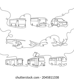 Transport continuous line drawing set. One line art of truck, dump truck, cab, auto, crossover, bus, tram, plane, helicopter.